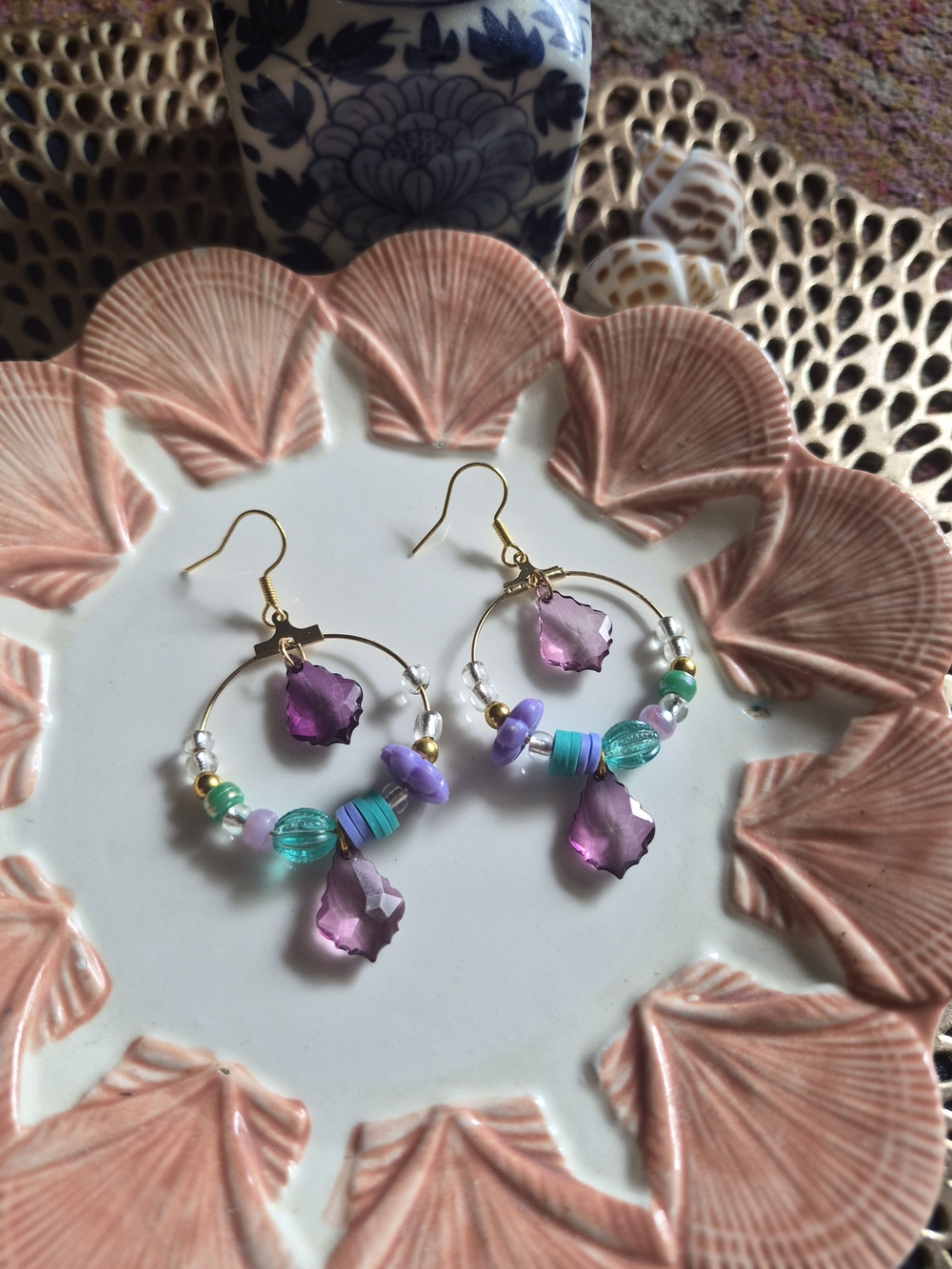 Gold Hoop Earrings with Purple Teardrop and Aqua Beads